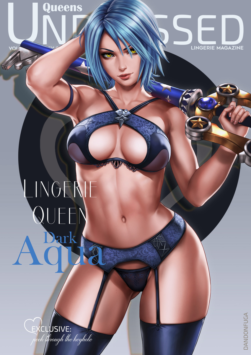 1girl absurdres aqua_(kingdom_hearts) arm_behind_head armband armpits artist_name ass_visible_through_thighs biceps blue_bra blue_hair blue_panties bra breasts cleavage collarbone cover covered_nipples dandon_fuga garter_belt garter_straps grey_background heart highres keyblade kingdom_hearts kingdom_hearts_iii lingerie looking_at_viewer magazine_cover medium_breasts navel over_shoulder panties pinup shiny shiny_hair short_hair simple_background smile solo standing stomach thigh-highs thigh_gap toned underwear weapon weapon_over_shoulder yellow_eyes