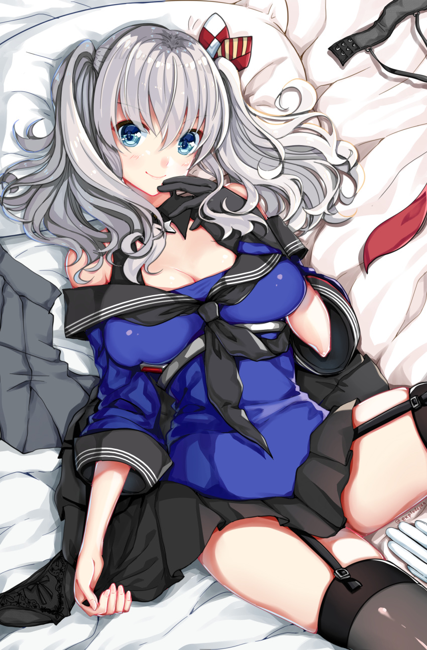 1girl absurdres alternate_costume black_bra black_gloves black_legwear black_panties black_skirt blue_shirt bra bra_removed breasts cleavage cosplay day eyebrows_visible_through_hair finger_to_mouth garter_straps gloves highres johnston_(kantai_collection) johnston_(kantai_collection)_(cosplay) kantai_collection kashima_(kantai_collection) long_sleeves looking_at_viewer lying mahou_shounen medium_breasts off-shoulder_shirt off_shoulder on_back panties panties_removed pillow pleated_skirt sailor_collar school_uniform shirt silver_hair single_glove skirt smile solo thigh-highs twintails underwear wavy_hair