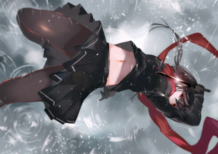 1girl arm_up bangs black_gloves black_hair black_legwear black_skirt commentary_request covering_mouth gloves hair_between_eyes highres holding long_hair long_sleeves looking_at_viewer midriff navel pantyhose pleated_skirt rain red_eyes red_scarf ripples sayo_samonji scarf school_uniform serafuku skirt solo stomach tantou tenka_hyakken vardan