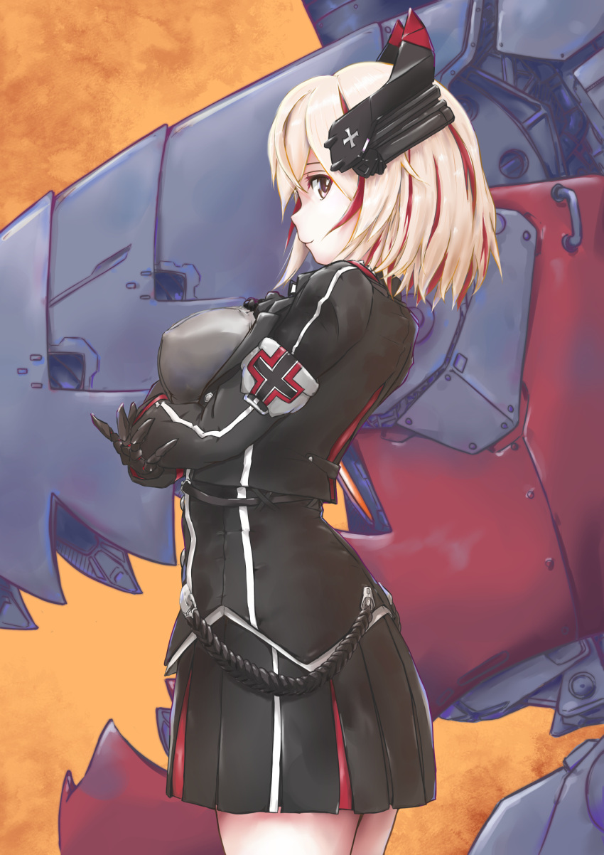 1girl azur_lane black_jacket black_skirt blonde_hair breast_hold breasts brown_eyes buttons closed_mouth commentary_request covered_nipples cropped_jacket from_side headgear highres iron_cross jacket large_breasts long_sleeves looking_at_viewer looking_to_the_side machinery miniskirt multicolored multicolored_clothes multicolored_hair multicolored_skirt p.i.t.d pleated_skirt redhead roon_(azur_lane) short_hair skirt smile solo standing