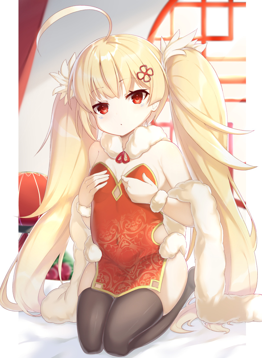 1girl absurdres ahoge alternate_costume azur_lane backlighting bangs bare_shoulders black_legwear blonde_hair blurry bow breasts china_dress chinese_clothes commentary_request covered_navel depth_of_field dress eldridge_(azur_lane) eyebrows_visible_through_hair facial_mark fur_trim hair_bow hair_ornament highres kimidori3_karla long_hair looking_at_viewer parted_lips pelvic_curtain red_dress seiza side_slit sitting sleeveless sleeveless_dress small_breasts solo sunlight twintails very_long_hair window