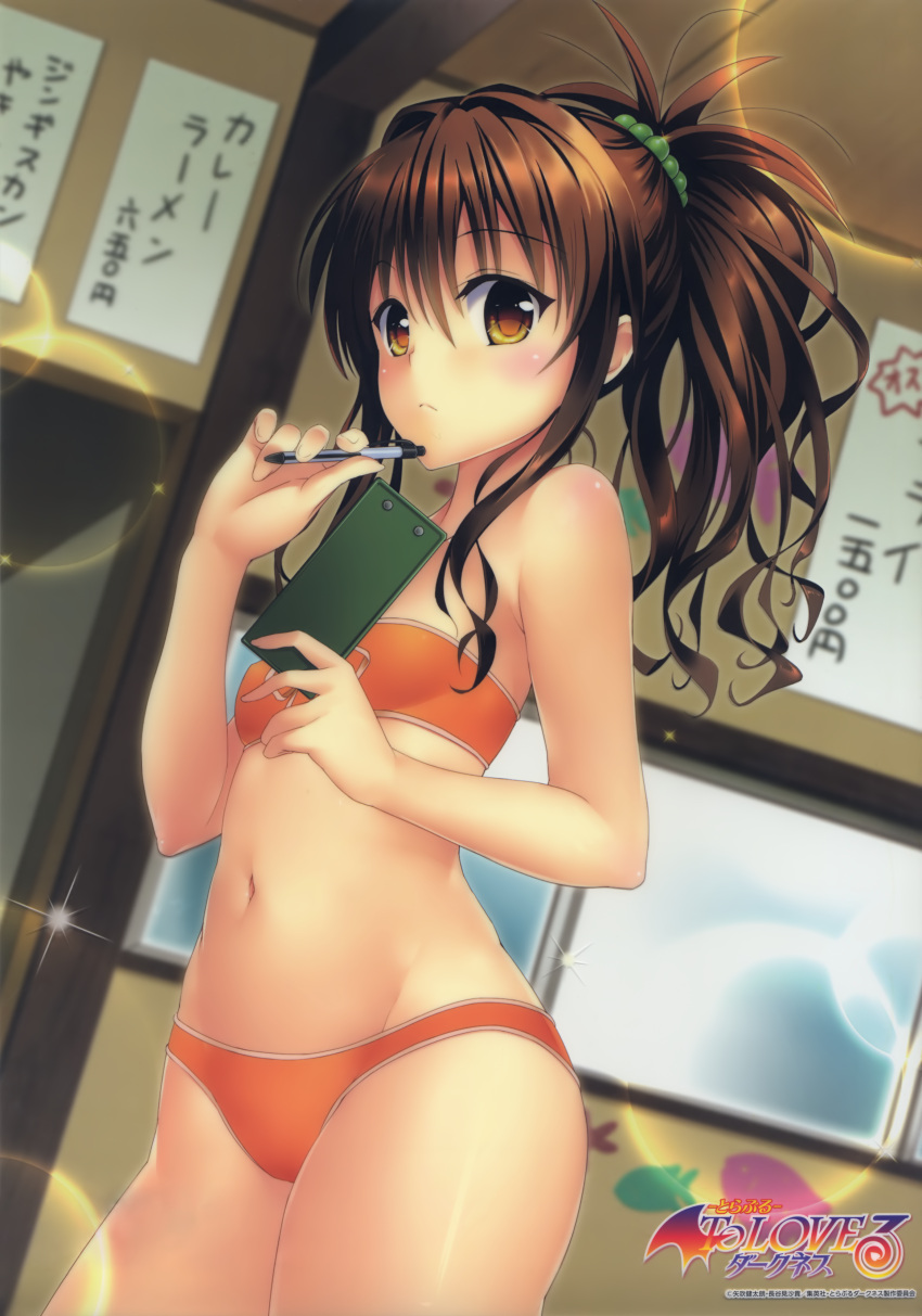 1girl absurdres bikini breasts brown_hair copyright_name cowboy_shot eyebrows_visible_through_hair groin hair_between_eyes hair_ornament high_ponytail highres holding holding_pen indoors lens_flare long_hair looking_at_viewer navel official_art orange_bikini pen shiny shiny_skin small_breasts solo standing strapless strapless_bikini swimsuit to_love-ru yabuki_kentarou yellow_eyes yuuki_mikan