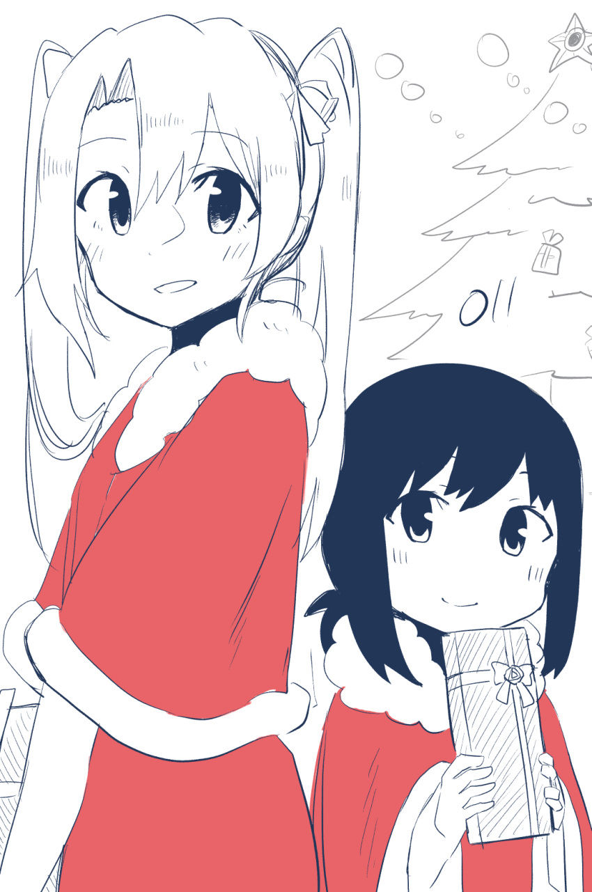 2girls alternate_costume back-to-back bangs christmas_tree commentary_request eyebrows_visible_through_hair fubuki_(kantai_collection) fur_collar fur_trim gift hair_between_eyes hair_ribbon highres kantai_collection looking_at_viewer ma_rukan monochrome multiple_girls open_mouth partially_colored ponytail ribbon santa_costume short_ponytail sidelocks smile twintails upper_body zuikaku_(kantai_collection)