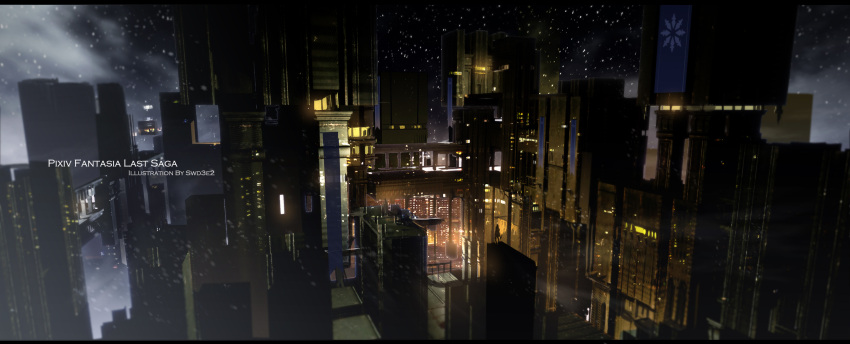 artist_name banner building city_lights cityscape clouds commentary_request copyright_name highres night night_sky no_humans outdoors pixiv_fantasia pixiv_fantasia_last_saga scenery sky skyscraper star_(sky) starry_sky swd3e2