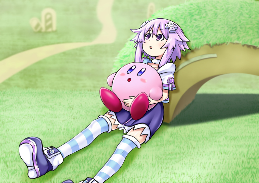1girl :o arch blue_eyes blush commentary_request crossover d-pad d-pad_hair_ornament grass hair_ornament highres holding_another kirby kirby_(series) kurozero looking_up neptune_(neptune_series) neptune_(series) nintendo open_mouth outdoors purple_footwear purple_hair purple_skirt short_hair sitting sitting_on_ground sitting_on_lap sitting_on_person skirt striped striped_legwear thigh-highs triangle_mouth violet_eyes