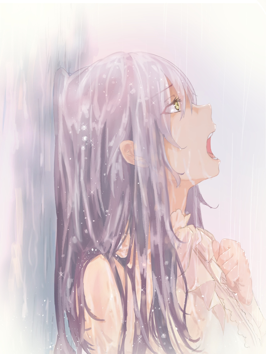 1girl bang_dream! bangs bow bowtie clenched_hands commentary_request from_side grey_hair hair_between_eyes hands_up highres long_hair minato_yukina music open_mouth shirt singing sleeveless sleeveless_shirt solo upper_body user_ggvk4744 wet wet_hair yellow_eyes yellow_neckwear yellow_shirt