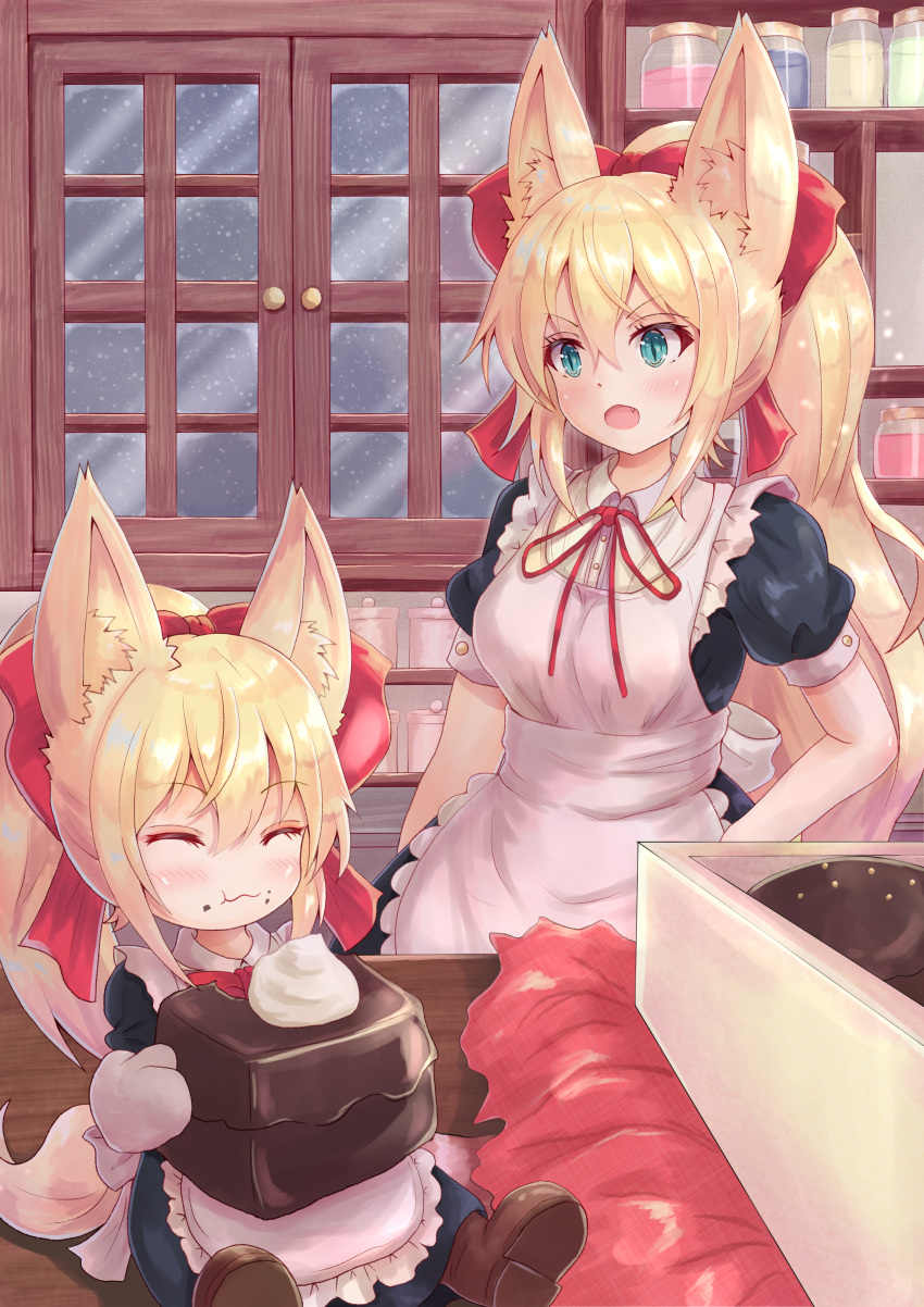 absurdres animal_ears apron bangs blonde_hair blue_eyes blush bow closed_eyes cocoasabure eating eyebrows_visible_through_hair fox_ears hair_between_eyes hair_bow highres indoors long_hair looking_at_another night open_mouth original ponytail puffy_short_sleeves puffy_sleeves red_bow short_sleeves sitting snowing valentine window