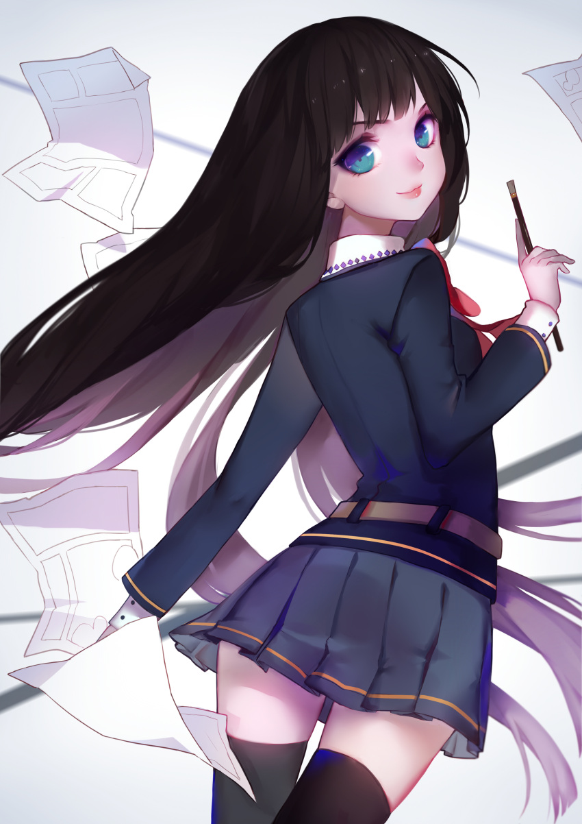 1girl absurdres arm_at_side black_hair black_legwear black_suit blue_eyes closed_mouth commentary_request eyelashes from_behind highres long_hair long_sleeves looking_at_viewer original paper pleated_skirt red_neckwear skirt slyvia solo standing thigh-highs zettai_ryouiki