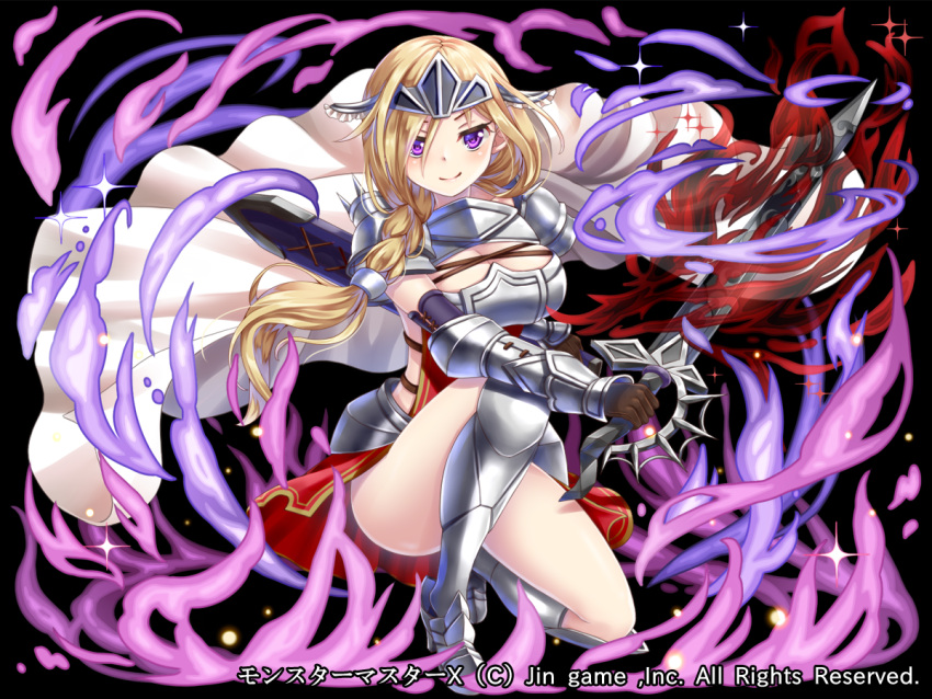 1girl armor black_gloves blonde_hair blush boots breasts cape capelet cleavage cloak closed_mouth collarbone company_name fantasy gloves hakuda_tofu headgear long_hair looking_at_viewer monster_master_x official_art solo sword thigh-highs thigh_boots violet_eyes weapon white_cape