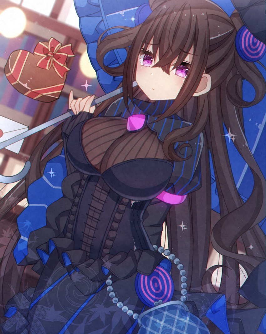 1girl absurdres bag bangs beads black_dress blue_umbrella blurry blurry_background box breasts brown_hair closed_mouth commentary_request cowboy_shot crossed_bangs day depth_of_field dress dutch_angle envelope eyebrows_visible_through_hair fate/grand_order fate_(series) frilled_umbrella frills gift gift_box hair_between_eyes hair_ornament handbag heart heart-shaped_box highres holding holding_umbrella juliet_sleeves large_breasts long_hair long_sleeves looking_at_viewer murasaki_shikibu_(fate) outdoors puffy_sleeves red_ribbon ribbon sapphire_(sapphire25252) sidelocks sleeves_past_wrists solo sparkle standing two_side_up umbrella valentine very_long_hair violet_eyes