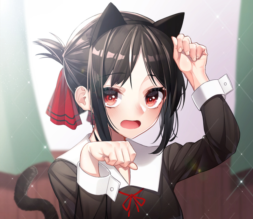 1girl animal_ears arm_up bangs black_dress black_hair black_hairband blurry blurry_background blush cat_ears cat_girl cat_tail collared_shirt commentary curtains depth_of_field dress eyebrows_visible_through_hair fake_animal_ears fingernails folded_ponytail hair_ribbon hairband highres indoors kaguya-sama_wa_kokurasetai_~tensai-tachi_no_renai_zunousen~ kemonomimi_mode long_sleeves looking_at_viewer neck_ribbon open_mouth parted_bangs paw_pose red_eyes red_ribbon ribbon romaji_commentary shinomiya_kaguya shirt sidelocks solo tail tail_raised the_cold upper_body