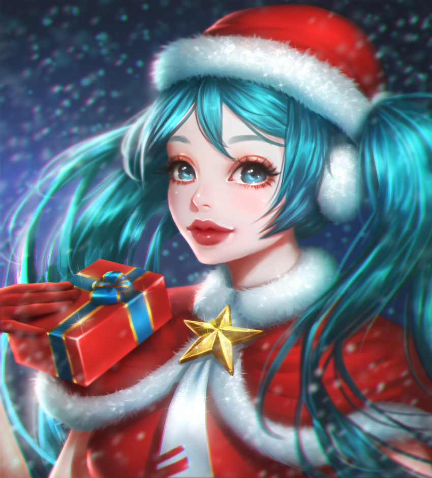 1girl aqua_eyes aqua_hair blue_ribbon breasts christmas chromatic_aberration closed_mouth commentary_request earmuffs eyelashes fur-trimmed_hat fur_trim gift gloves hat hatsune_miku highres long_hair looking_at_viewer medium_breasts red_gloves red_hat red_lips rena_illusion ribbon santa_hat shiny shiny_hair solo sparkle star twintails very_long_hair vocaloid