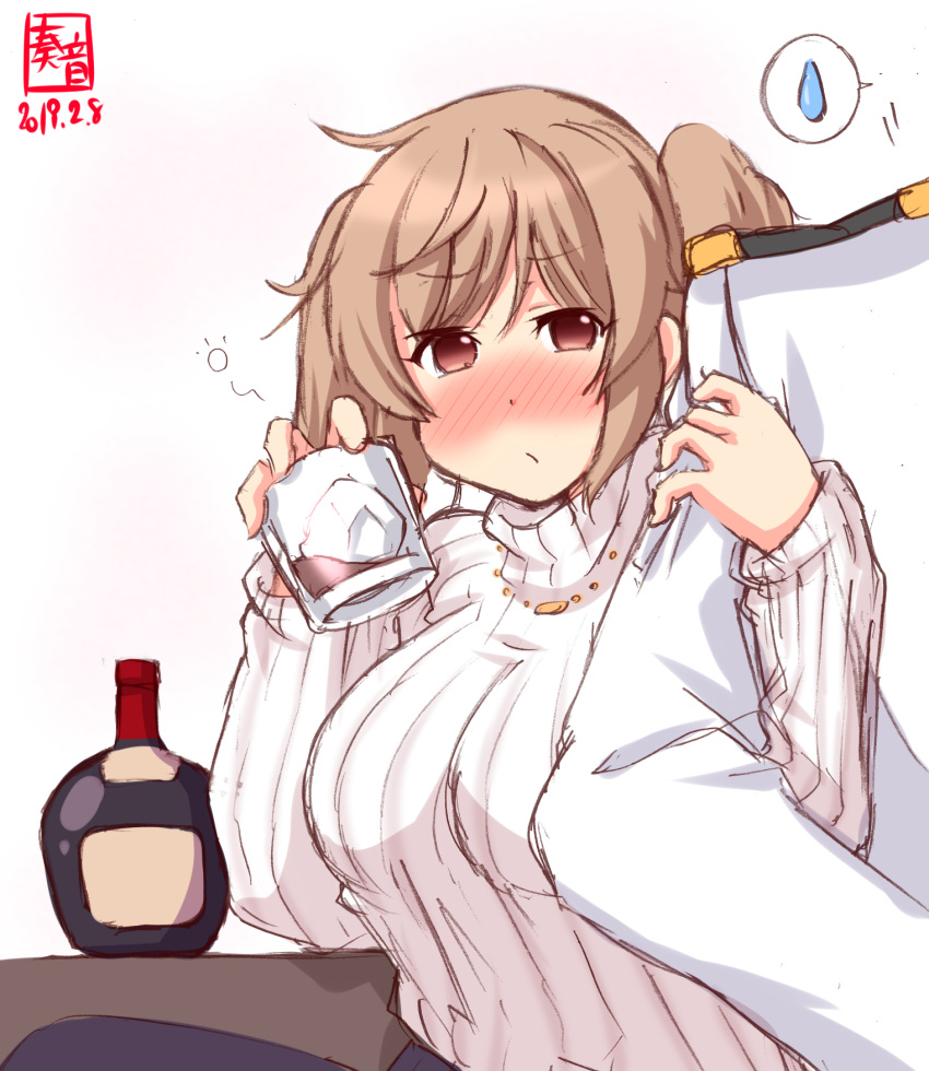 1boy 1girl admiral_(kantai_collection) alcohol alternate_costume blush bottle breasts brown_eyes closed_mouth epaulettes eyebrows_visible_through_hair highres ice kanon_(kurogane_knights) kantai_collection large_breasts light_brown_hair long_hair military military_uniform murasame_(kantai_collection) naval_uniform simple_background sweater twintails uniform white_background white_sweater