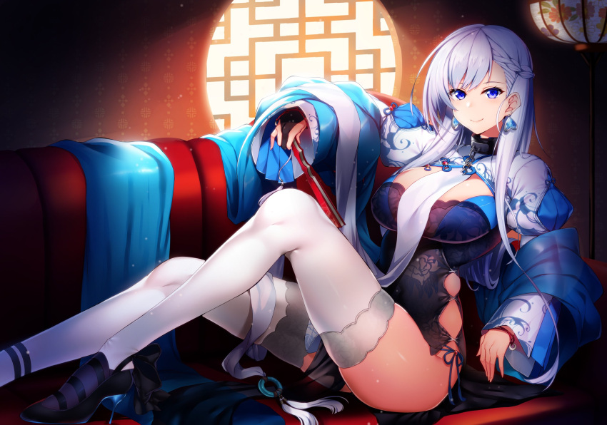 1girl alternate_costume azur_lane bangs belfast_(azur_lane) blue_dress blue_eyes blush braid breasts chains china_dress chinese_clothes collar couch dress eyebrows_visible_through_hair highres knee_up large_breasts long_hair long_sleeves looking_at_viewer panties raiou side-tie_panties sidelocks silver_hair sitting smile solo underwear wide_sleeves