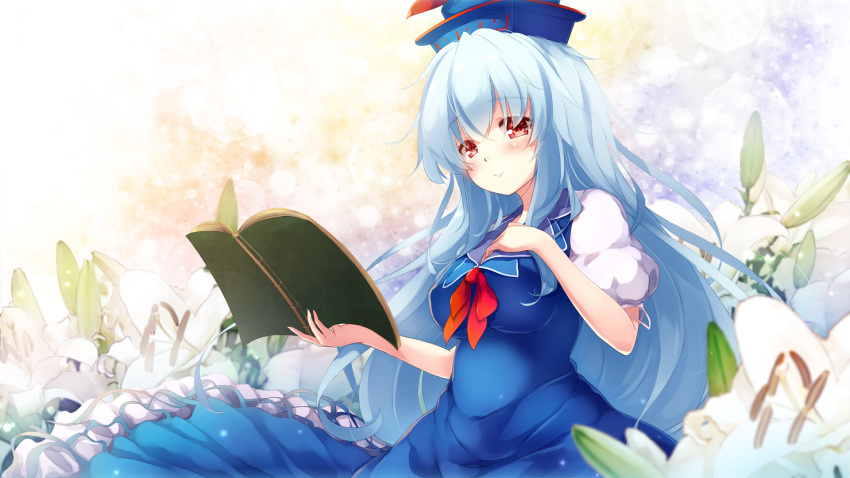 1girl bangs blue_dress blue_hat blush book breasts commentary_request cowboy_shot dress eyebrows_visible_through_hair flower gengetsu_chihiro hand_up hat highres holding holding_book kamishirasawa_keine long_hair looking_at_viewer medium_breasts neck_ribbon petticoat pinafore_dress red_eyes red_neckwear red_ribbon ribbon shirt silver_hair smile solo touhou very_long_hair white_flower white_shirt