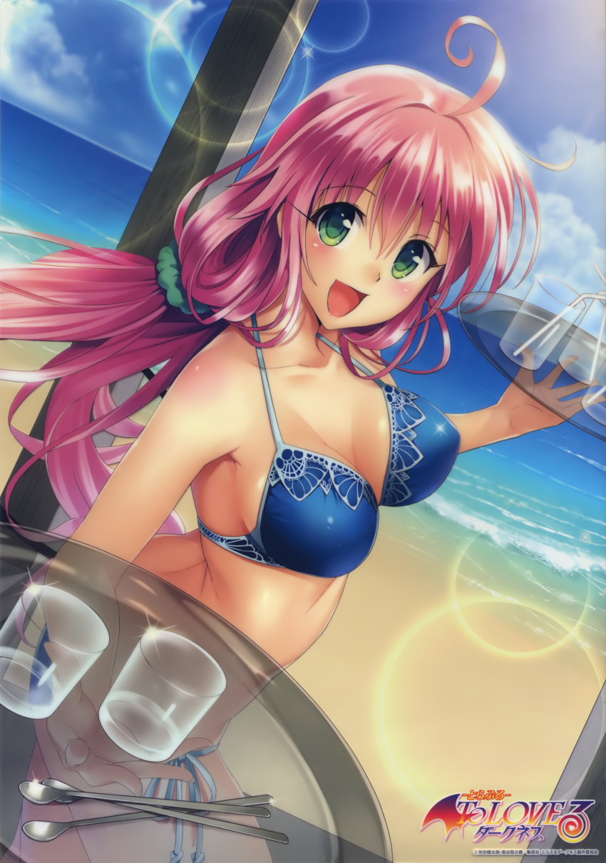 1girl :d absurdres ahoge beach bikini blue_bikini blue_sky breasts cleavage clouds copyright_name covered_nipples day drinking_straw dutch_angle eyebrows_visible_through_hair floating_hair green_eyes hair_between_eyes hair_ornament hair_scrunchie highres holding holding_plate lala_satalin_deviluke large_breasts long_hair looking_at_viewer ocean official_art open_mouth outdoors pink_hair plate ribbon scrunchie shiny shiny_clothes shiny_hair side-tie_bikini sideboob sky smile solo sparkle spoon standing swimsuit to_love-ru transparent very_long_hair white_ribbon yabuki_kentarou