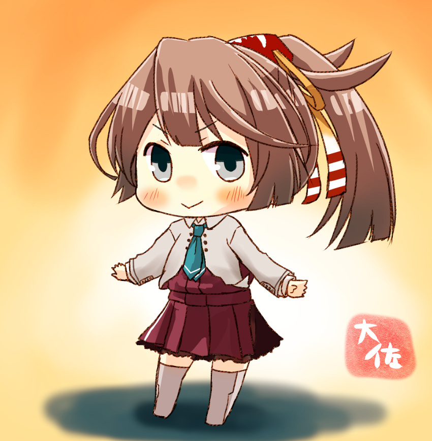 1girl :&gt; aqua_neckwear artist_name blush brown_hair commentary_request grey_eyes grey_legwear hair_ribbon kantai_collection kazagumo_(kantai_collection) long_hair long_sleeves necktie ponytail remodel_(kantai_collection) ribbon shirt smile solo taisa_(kari) thigh-highs v-shaped_eyebrows white_shirt