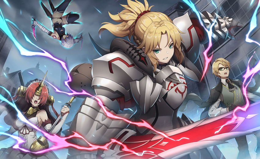 1boy 3girls airborne aqua_eyes armor bandage blonde_hair bolt boots braid city coat dagger dome dual_wielding elbow_gloves energy fate/apocrypha fate/grand_order fate_(series) frankenstein's_monster_(fate) full_armor gauntlets glasses gloves gorget green_eyes hair_over_eyes halterneck holding horns jack_the_ripper_(fate/apocrypha) jacket_on_shoulders jekyll_and_hyde_(fate) kiyo_(chaoschyan) lavender_hair long_hair midriff mordred_(fate) mordred_(fate)_(all) multiple_girls navel panties pauldrons ponytail redhead scrunchie staff sword thigh-highs thigh_boots underwear veil weapon
