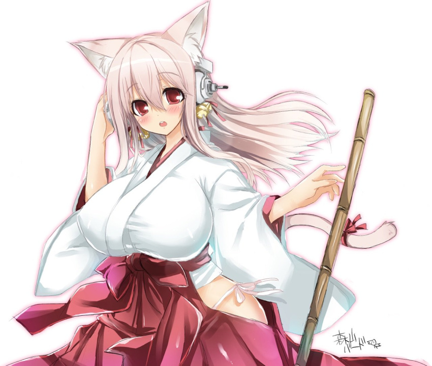 1girl animal_ears blush bow breasts cat_ears cat_tail commentary_request hair_bow hair_ornament hakama headphones hip_vent japanese_clothes kemonomimi_mode large_breasts long_hair long_sleeves looking_at_viewer miko nitroplus niwanotori55 open_mouth pink_eyes pink_hair red_hakama solo super_sonico tail wide_sleeves