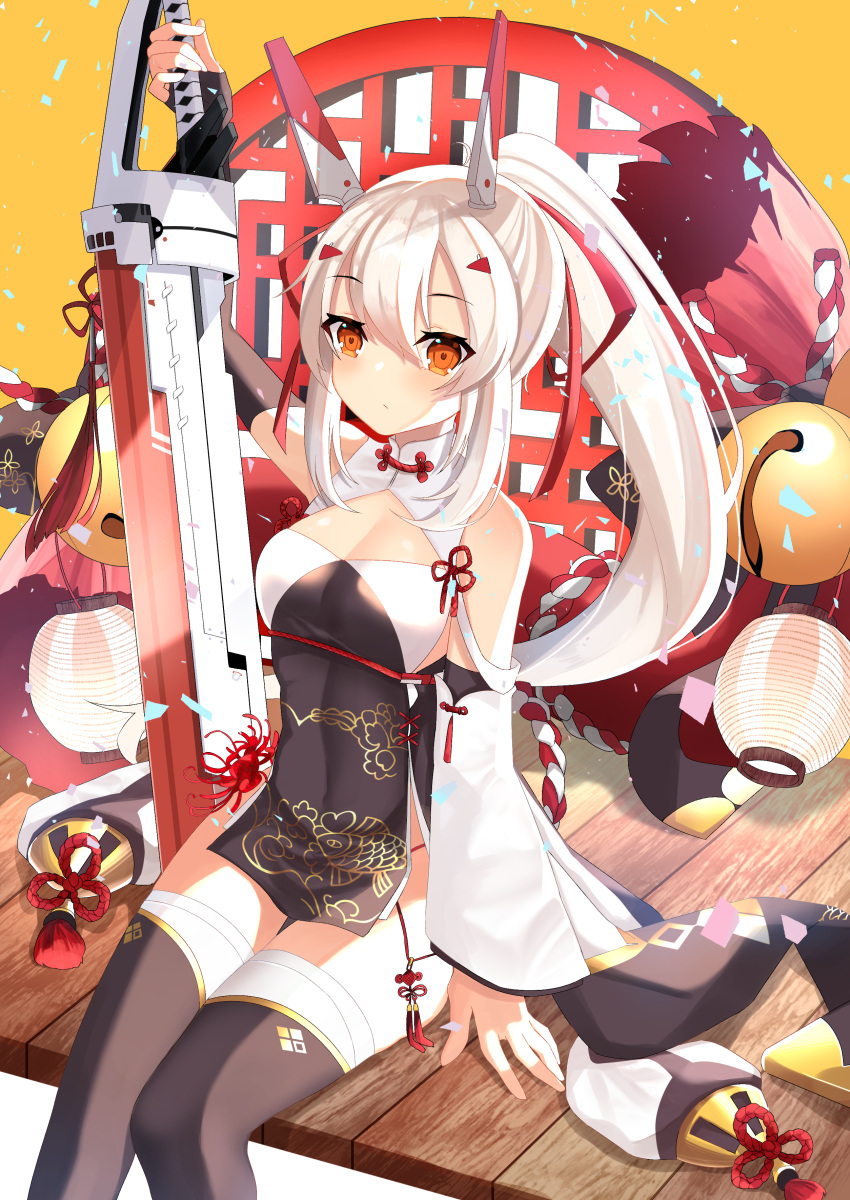 1girl absurdres alternate_costume asymmetrical_sleeves ayanami_(azur_lane) azur_lane bare_shoulders bell black_dress black_gloves black_legwear blush breasts china_dress chinese_clothes closed_mouth covered_navel detached_sleeves dress elbow_gloves eyebrows_visible_through_hair gloves hair_between_eyes hair_ribbon headgear high_ponytail highres holding holding_sword holding_weapon jingle_bell light_brown_hair long_hair long_sleeves looking_at_viewer medium_breasts partly_fingerless_gloves pelvic_curtain red_eyes red_ribbon ribbon sanba_tsui short_dress sidelocks single_detached_sleeve sitting sword thigh-highs tied_hair weapon white_sleeves wide_sleeves