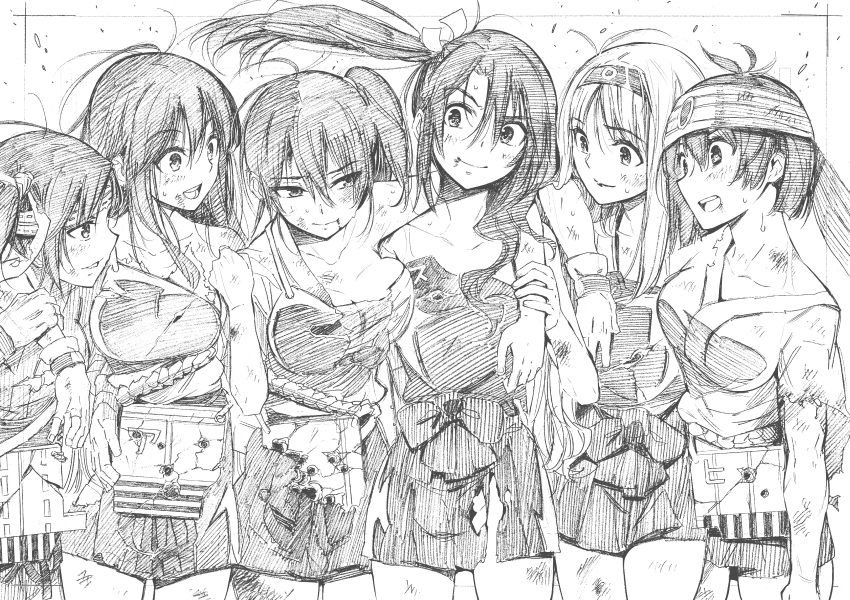 6+girls absurdres akagi_(kantai_collection) arm_around_shoulder bangs breasts closed_eyes damaged flight_deck graphite_(medium) greyscale hachimaki hair_between_eyes hakama hakama_skirt headband highres hiryuu_(kantai_collection) japanese_clothes kaga_(kantai_collection) kantai_collection kojima_takeshi large_breasts long_hair looking_at_another messy_hair monochrome multiple_girls muneate open_mouth ponytail shirt short_hair shoukaku_(kantai_collection) skirt smile souryuu_(kantai_collection) standing sweat torn_clothes torn_shirt torn_skirt traditional_media twintails zuikaku_(kantai_collection)