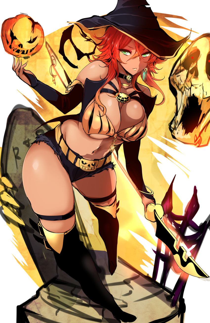 1girl absurdres agetama bare_shoulders belt black_legwear breasts cleavage dark_skin earrings elbow_gloves full_body gloves green_eyes halloween hat highres holding holding_weapon jack-o'-lantern jewelry large_breasts long_hair looking_at_viewer midriff navel orange_hair original parted_lips shorts solo thigh-highs weapon witch witch_hat