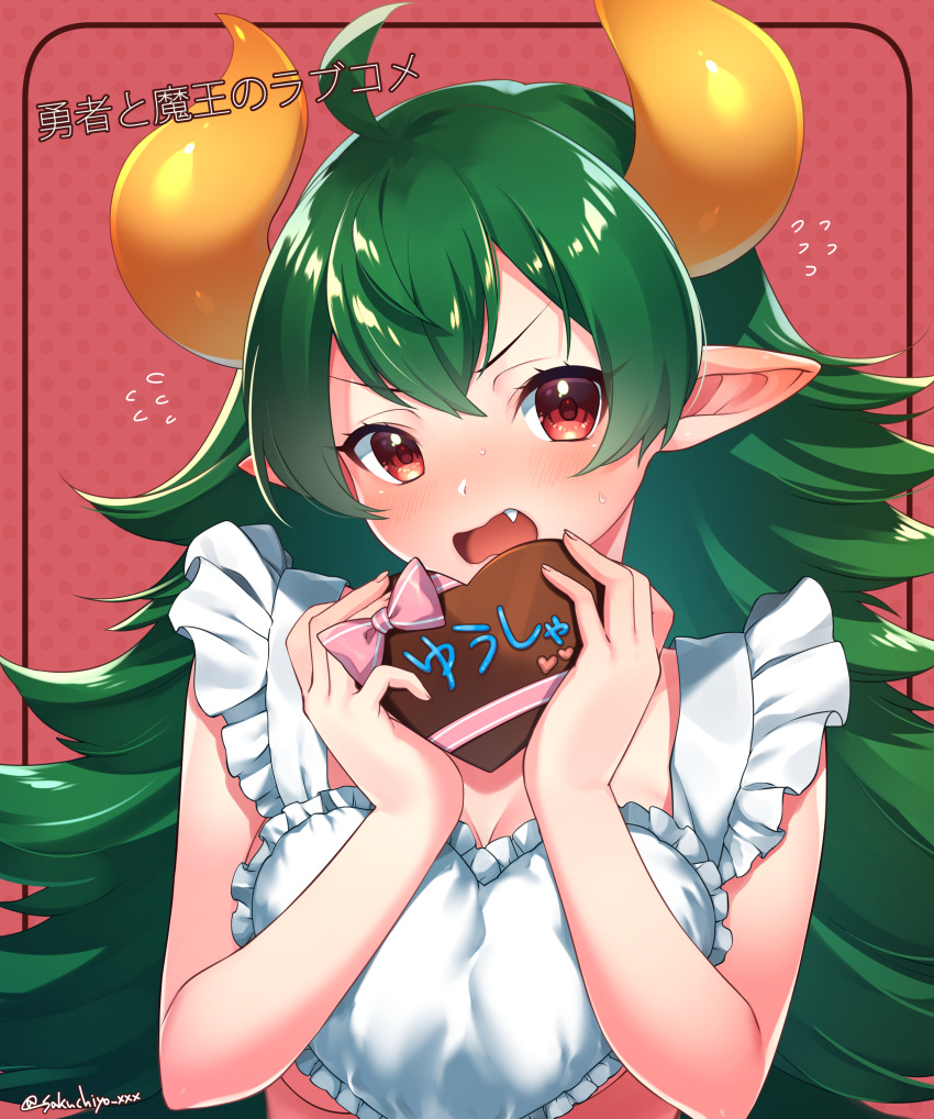 1girl absurdres ahoge apron bangs bare_arms bare_shoulders blush bow breasts chocolate chocolate_heart cleavage commentary_request copyright_request curled_horns eyebrows_visible_through_hair flying_sweatdrops food frilled_apron frills green_hair hair_between_eyes head_tilt heart highres holding holding_food large_breasts long_hair naked_apron pink_bow pointy_ears polka_dot polka_dot_background red_background red_eyes sakura_chiyo_(konachi000) solo sweat translated twitter_username upper_body valentine very_long_hair white_apron