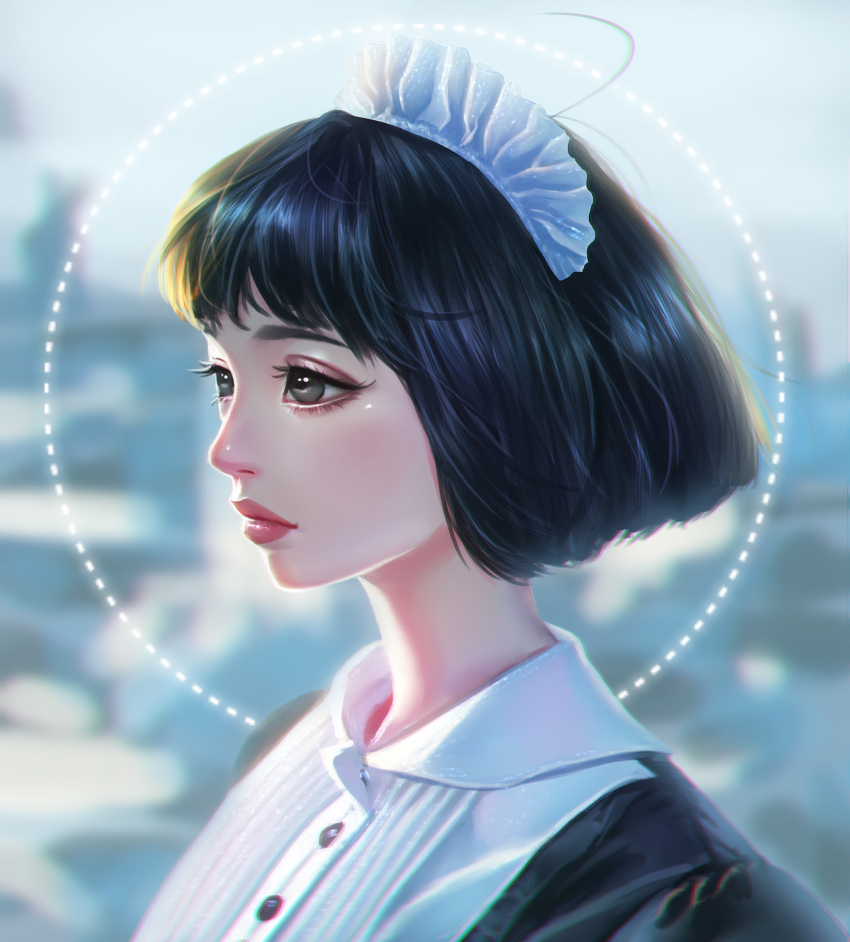 1girl black_eyes black_hair buttons character_request chromatic_aberration closed_mouth commentary_request eyelashes highres lips maid_headdress rena_illusion shingeki_no_kyojin short_hair solo