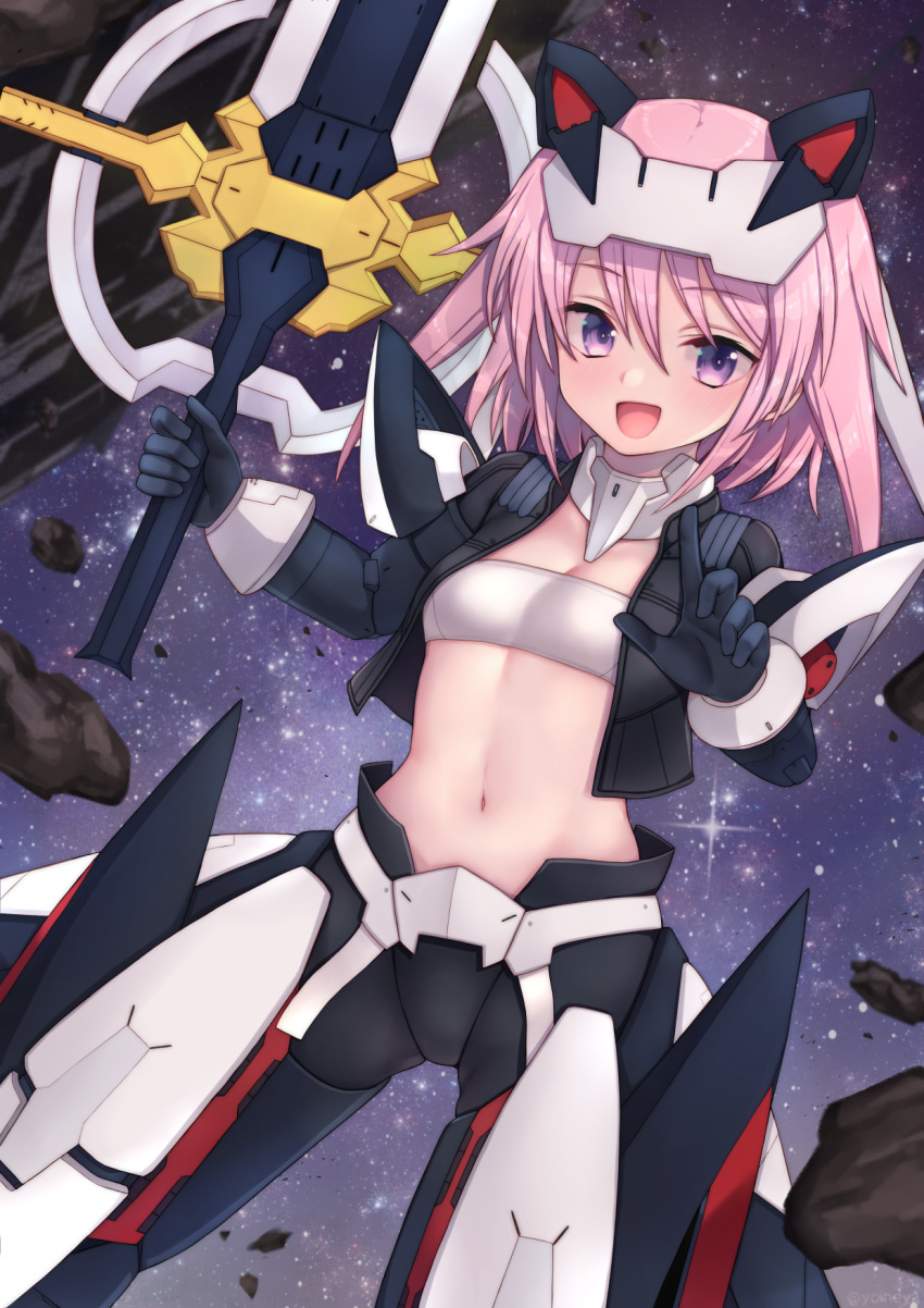 1girl :d alice_gear_aegis bandeau black_gloves commentary_request eyebrows_visible_through_hair gloves hair_between_eyes highres hirasaka_yotsuyu holding holding_sword holding_weapon looking_at_viewer navel open_mouth pink_hair smile solo space sparkle sword violet_eyes weapon yoineya