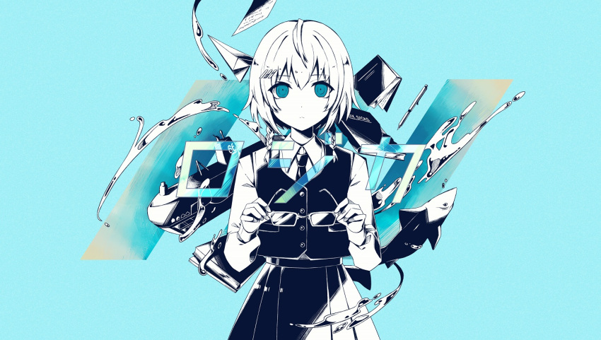 1girl animal bangs blue_background blue_eyes book braid character_request collared_shirt commentary_request eyebrows_visible_through_hair eyewear_removed glasses hair_between_eyes holding holding_eyewear long_sleeves monochrome necktie nou original pleated_skirt school_uniform shark shirt side_braid skirt solo submarine twin_braids vest vocaloid watercraft