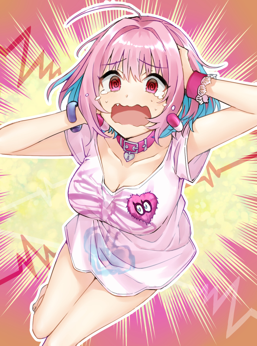 1girl @_@ ahoge aqua_hair bare_arms barefoot belt_collar bracelet breasts cleavage collar collarbone commentary_request earrings emphasis_lines fang hair_intakes hands_up heart highres idolmaster idolmaster_cinderella_girls jewelry looking_at_viewer medium_breasts multicolored_hair no_pants open_mouth pill pink_hair red_eyes shirt short_hair short_sleeves skeleton_print solo somechime_(sometime1209) tears thighs two-tone_hair wavy_mouth white_shirt yumemi_riamu