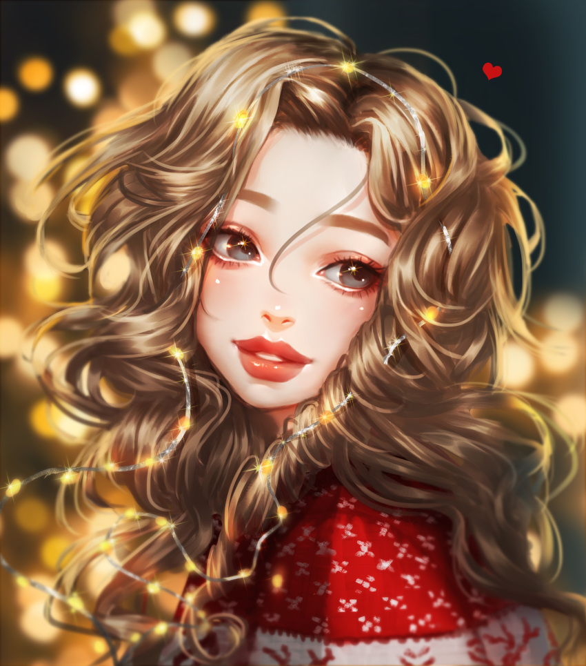 1girl backlighting christmas commentary_request eyelashes hair_between_eyes highres light_brown_hair long_hair looking_to_the_side original parted_lips portrait red_lips rena_illusion ribbed_sweater solo sparkle sweater wavy_hair