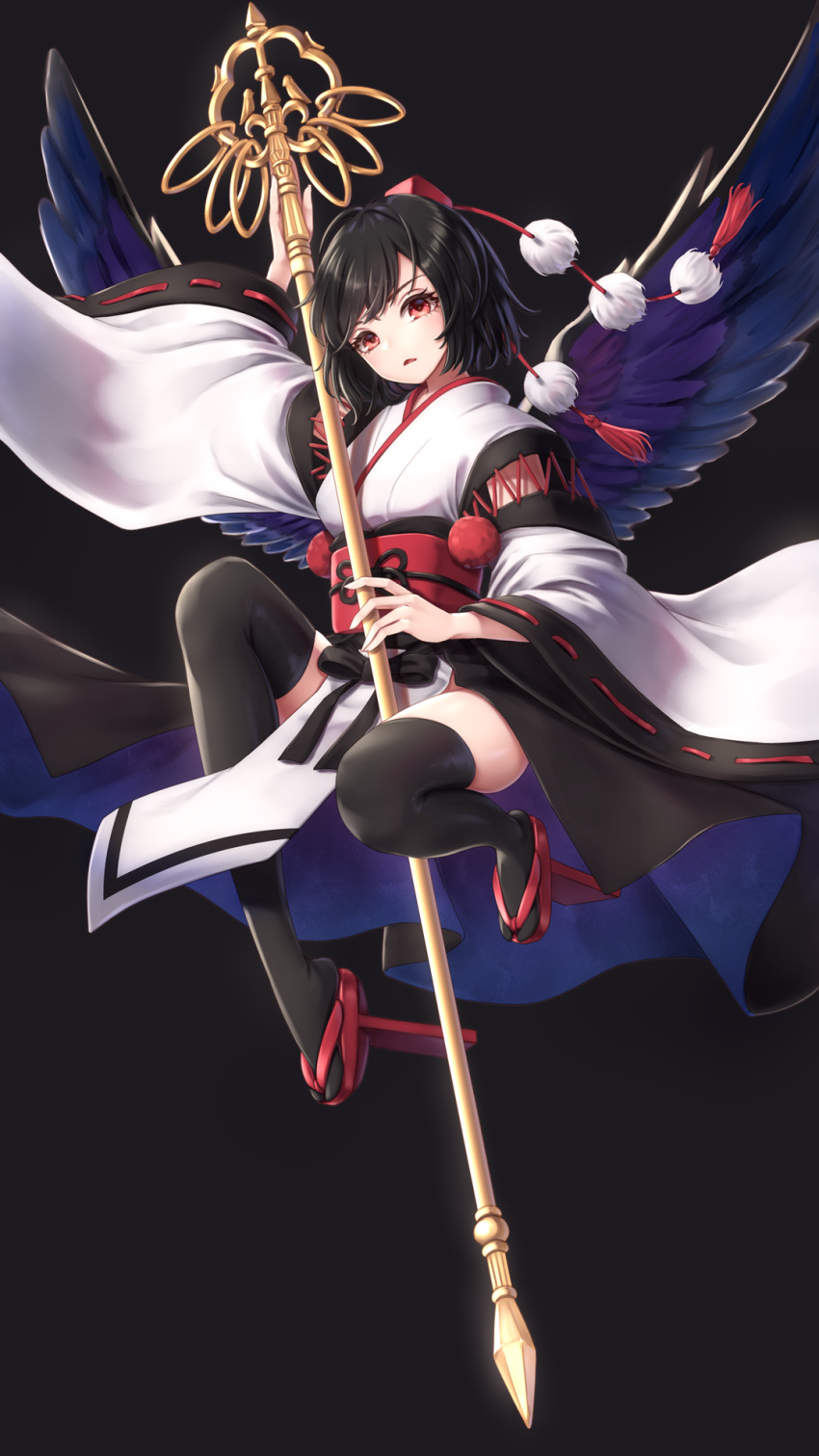 1girl alternate_costume bangs black_background black_bow black_hair black_legwear black_wings blush bow breasts commentary_request dtvisu eyebrows_visible_through_hair feathered_wings full_body geta hat head_tilt highres holding holding_staff japanese_clothes kimono knee_up kourindou_tengu_costume long_sleeves looking_at_viewer medium_breasts obi parted_lips pelvic_curtain pom_pom_(clothes) red_eyes red_footwear red_sash ribbon-trimmed_sleeves ribbon_trim sash shakujou shameimaru_aya short_hair simple_background solo staff tassel tengu-geta thigh-highs thighs tokin_hat touhou white_kimono wide_sleeves wings zettai_ryouiki