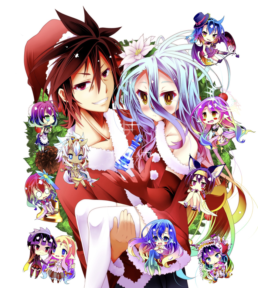 2boys 6+girls absurdres angel_wings animal_ear_fluff animal_ears bare_shoulders bell blonde_hair blue_eyes blue_hair blush blush_stickers boots bow bowtie bracelet braid breasts brown_hair character_request chess_piece chibi chibi_inset christmas clammy_zell closed_mouth crop_top dark_skin demon_tail demon_wings dress drooling elbow_gloves elf feathered_wings feel_nilvalen flower forehead_jewel fox_ears fox_mask fox_tail fur_trim geta gloves goggles goggles_on_head gradient_eyes gradient_hair green_eyes grin hair_bell hair_between_eyes hair_flower hair_ornament hair_rings hairband halo hat hatsuse_izuna heart heart-shaped_pupils highres horns horou_(no_game_no_life) japanese_clothes jewelry jibril_(no_game_no_life) kimono king_(chess) laira_(no_game_no_life) large_breasts long_hair looking_at_viewer low_wings magic_circle maid_dress mask mechanical_parts mermaid messy_hair midriff mimi0846 mismatched_legwear monster_girl multicolored multicolored_eyes multicolored_hair multiple_boys multiple_girls navel no_game_no_life open_mouth otoko_no_ko parted_lips pink_eyes pink_hair plum_(no_game_no_life) pointy_ears purple_hair red_gloves redhead santa_costume santa_hat scarf shell shell_bikini shiro_(no_game_no_life) short_hair short_kimono smile sora_(no_game_no_life) spiky_hair stephanie_dora symbol-shaped_pupils tabi tail tattoo thigh-highs under_boob veil very_long_hair violet_eyes white_hair white_legwear white_wings wing_ears wings yellow_eyes ymirein_(no_game_no_life)
