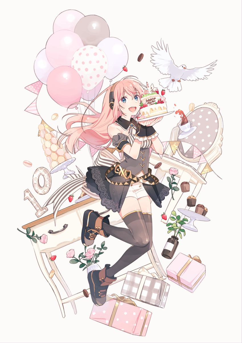 1girl anniversary armlet balloon bare_shoulders belt bird birthday_cake blue_eyes box cake chair commentary cup cupcake dove flower food fruit full_body gift gift_box happy_birthday headphones highres holding_cake issindotai leg_up long_hair looking_at_viewer macaron megurine_luka midair pink_flower pink_hair pink_rose plant rose skirt smile solo strawberry table teacup thigh-highs vocaloid wrist_cuffs zettai_ryouiki