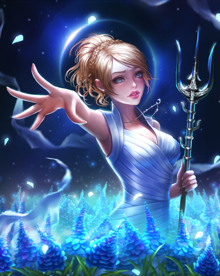 1girl absurdres blonde_hair blue_eyes braid crescent_necklace dress final_fantasy final_fantasy_xv highres jewelry lips lunafreya_nox_fleuret necklace parted_lips polearm rena_illusion short_hair solo trident weapon white_dress