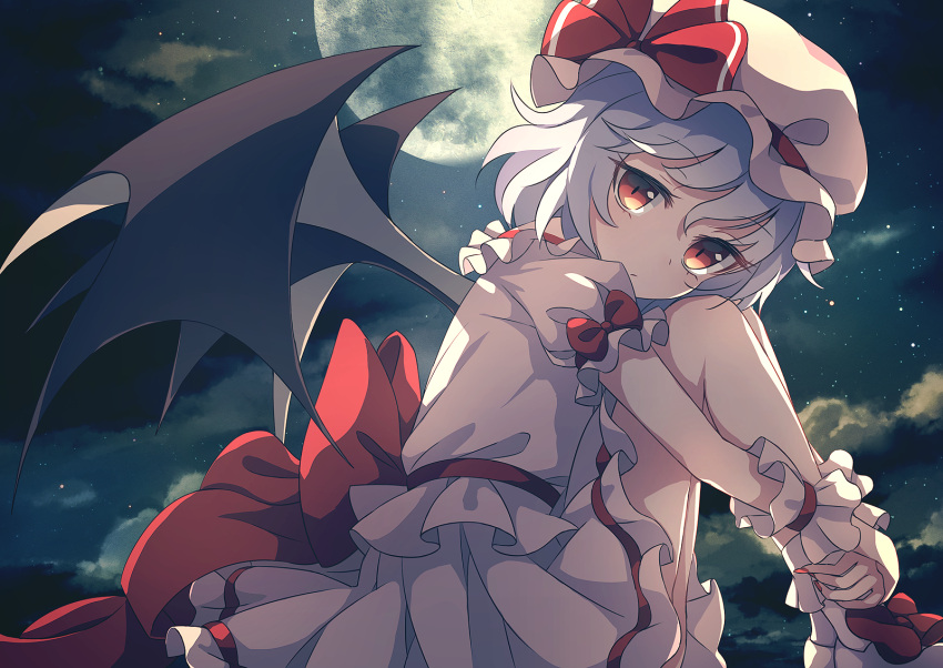 1girl bangs bat_wings blue_hair bobby_socks bow clouds commentary_request dise dress eyebrows_visible_through_hair feet_out_of_frame frilled_shirt_collar frills full_moon hair_between_eyes hat hat_ribbon highres knees_up looking_at_viewer mob_cap moon night night_sky outdoors red_bow red_eyes red_ribbon red_sash remilia_scarlet ribbon sash shoes short_hair sitting sky socks solo star_(sky) starry_sky touhou white_dress white_footwear white_hat white_legwear wings wrist_cuffs