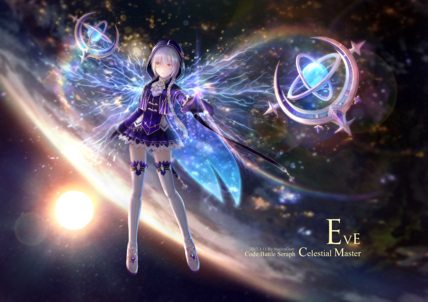 1girl artist_request braid celestial code:_battle_seraph_(elsword) drone elsword energy_wings eve_(elsword) facial_mark forehead_jewel highres hood planet space star sun