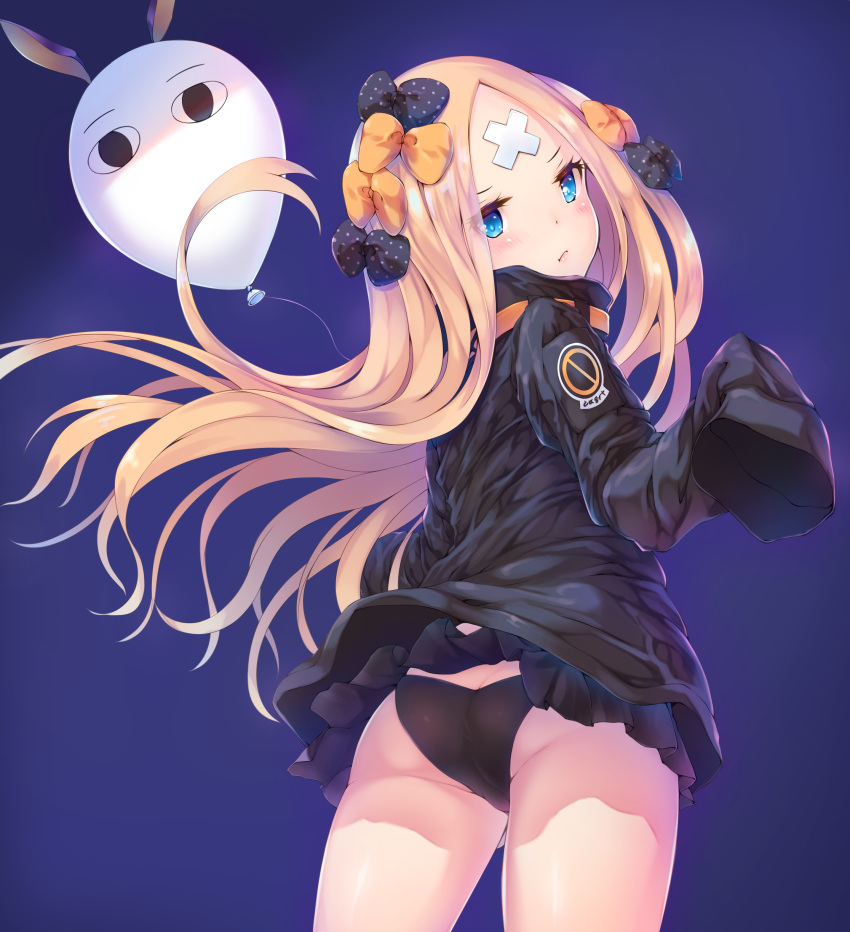 &gt;:t &lt;o&gt;_&lt;o&gt; 1girl :t abigail_williams_(fate/grand_order) absurdres akyorapenyo animal_ears ass balloon bangs belt black_bow black_jacket black_panties blonde_hair blue_background blue_eyes blush bow closed_mouth crossed_bandaids fate/grand_order fate_(series) hair_bow hair_bun heroic_spirit_traveling_outfit highres jackal_ears jacket lips long_sleeves looking_at_viewer looking_back medjed nitocris_(fate/grand_order) orange_belt orange_bow panties pantyshot pantyshot_(standing) parted_bangs polka_dot polka_dot_bow pout simple_background sleeves_past_fingers sleeves_past_wrists solo standing underwear