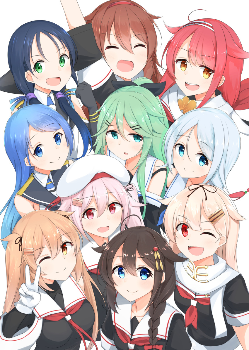 6+girls ahoge bangs beret black_gloves black_ribbon black_serafuku blonde_hair blue_eyes blue_hair blush braid breasts brown_eyes brown_hair clenched_hand closed_eyes closed_mouth commentary_request detached_sleeves eyebrows_visible_through_hair fangs gloves green_eyes green_hair hair_between_eyes hair_flaps hair_ornament hair_ribbon hairclip harusame_(kantai_collection) hat headband highres kantai_collection kawakaze_(kantai_collection) large_breasts long_hair long_sleeves looking_at_viewer multiple_girls murasame_(kantai_collection) one_eye_closed open_mouth pink_hair red_eyes red_neckwear redhead remodel_(kantai_collection) ribbon sailor_collar sakikumo_(sakumo) samidare_(kantai_collection) scarf school_uniform serafuku shigure_(kantai_collection) shiratsuyu_(kantai_collection) short_sleeves simple_background single_braid smile suzukaze_(kantai_collection) teeth twintails umikaze_(kantai_collection) upper_body v white_background white_gloves white_scarf yamakaze_(kantai_collection) yellow_eyes yuudachi_(kantai_collection)