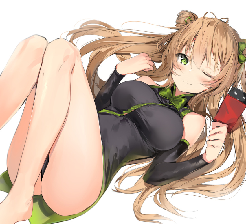 1girl ;) antenna_hair ass bangs black_dress black_panties black_sleeves blush bow breasts brown_hair closed_mouth commentary_request detached_sleeves double_bun dress eyebrows_visible_through_hair girls_frontline green_bow green_eyes hair_between_eyes hair_bow highres holding knees_up large_breasts long_hair long_sleeves looking_at_viewer one_eye_closed panties rfb_(girls_frontline) side_bun silver_(chenwen) simple_background sleeveless sleeveless_dress smile solo underwear very_long_hair white_background