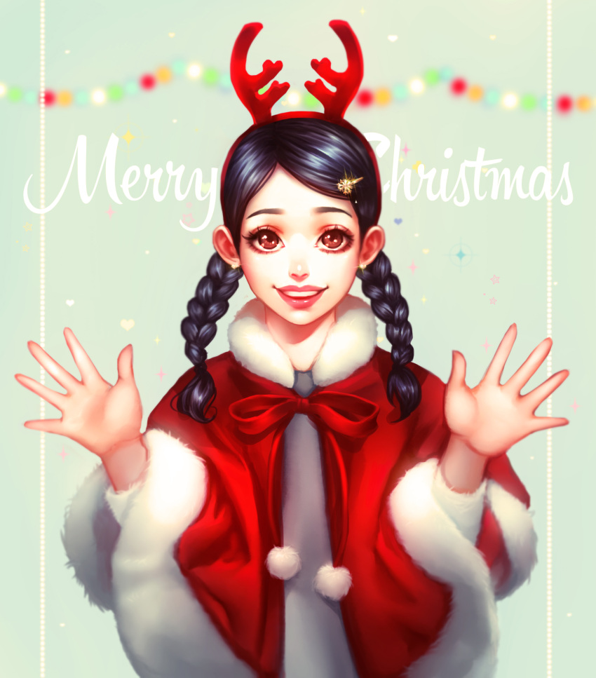 1girl bangs brown_eyes christmas earrings eyelashes fur_trim grin hands_up heart highres jewelry lips long_sleeves looking_at_viewer low_twin_braids merry_christmas neck_ribbon original parted_bangs pink_lips pom_pom_(clothes) red_ribbon rena_illusion ribbon smile solo sparkle teeth