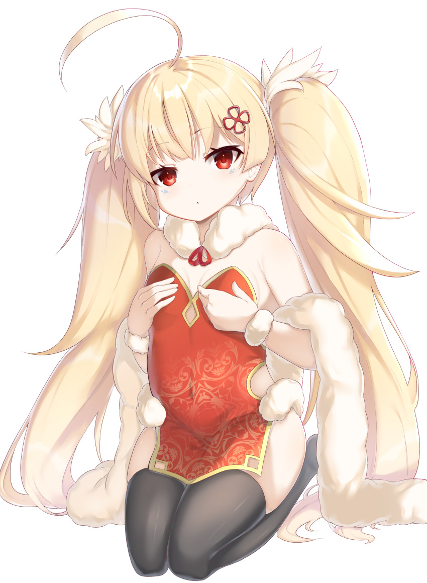 1girl absurdres ahoge alternate_costume azur_lane bangs bare_shoulders black_legwear blonde_hair bow breasts china_dress chinese_clothes covered_navel dress eldridge_(azur_lane) eyebrows_visible_through_hair facial_mark fur_trim hair_bow hair_ornament highres kimidori3_karla long_hair looking_at_viewer parted_lips pelvic_curtain red_dress seiza side_slit simple_background sitting sleeveless sleeveless_dress small_breasts solo twintails very_long_hair white_background