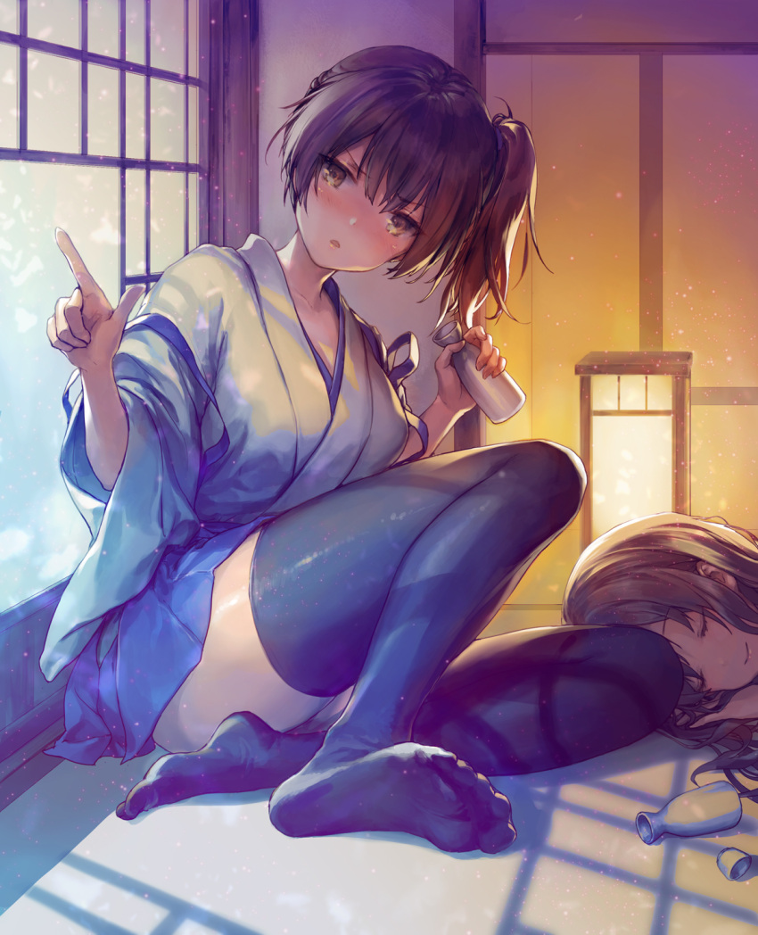 2girls 888myrrh888 akagi_(kantai_collection) bangs black_legwear blue_skirt blush bottle brown_eyes brown_hair closed_eyes closed_mouth commentary_request drunk eyebrows_visible_through_hair frown highres holding indoors japanese_clothes kaga_(kantai_collection) kantai_collection lamp long_hair long_sleeves multiple_girls no_shoes open_mouth pleated_skirt pointing sake_bottle side_ponytail sitting skirt sleeping smile thigh-highs tokkuri wide_sleeves
