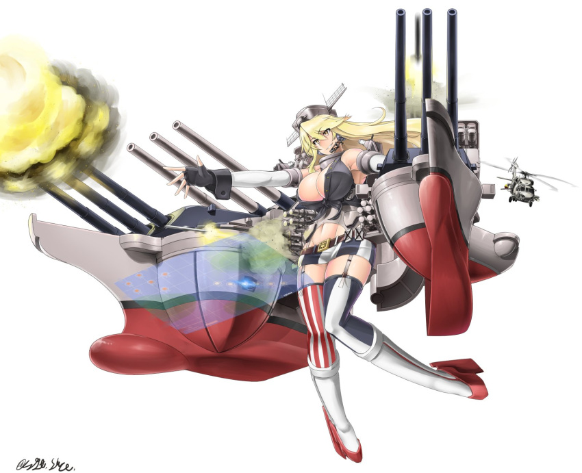 1girl aircraft blonde_hair blue_eyes breasts cannon commentary_request elbow_gloves fingerless_gloves firing front-tie_top garter_straps gloves helicopter highres iowa_(kantai_collection) kantai_collection large_breasts machinery miniskirt mismatched_legwear muzzle_flash saizu_nitou_gunsou simple_background skirt solo star star-shaped_pupils striped striped_legwear symbol-shaped_pupils thigh-highs vertical-striped_legwear vertical_stripes white_background