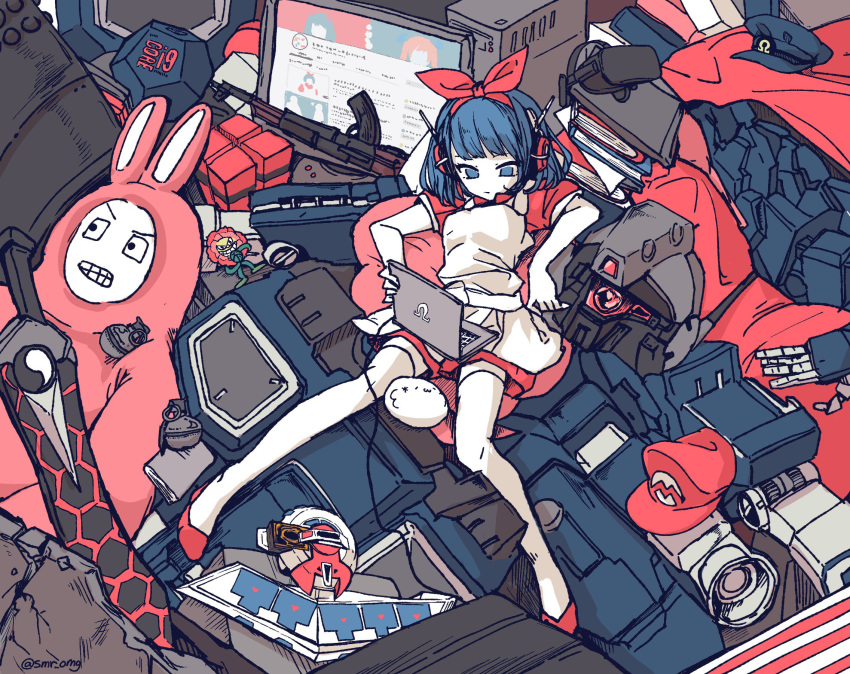 1girl apron bangs blue_eyes blue_hair book commentary computer copyright_request dodecahedron dress duel_disk explosive full_body grenade gun hairband hat helmet highres intel laptop limited_palette lying super_mario_bros. monitor nintendo no_nose omega_rei omega_sisters omega_symbol on_back red_dress red_footwear red_hairband short_hair short_sleeves smr_omg solo thigh-highs twitter_username virtual_youtuber weapon white_legwear youtube yu-gi-oh! yuu-gi-ou yuu-gi-ou_duel_monsters zettai_ryouiki
