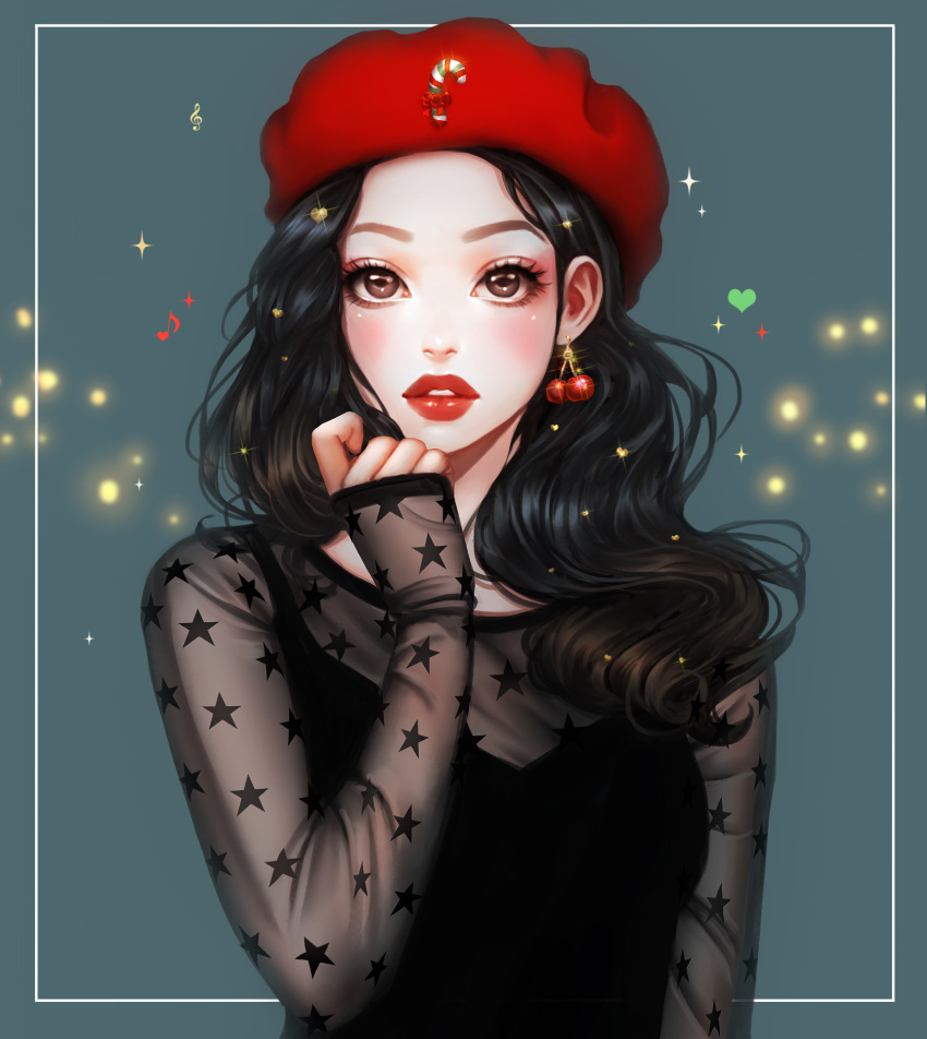 1girl arm_at_side arm_up beret black_hair bow brown_eyes candy candy_cane commentary_request earrings eyelashes food hat highres jewelry lips long_hair long_sleeves musical_note original parted_lips portrait red_bow red_hat red_lips rena_illusion sleeves_past_wrists solo sparkle star star_print treble_clef