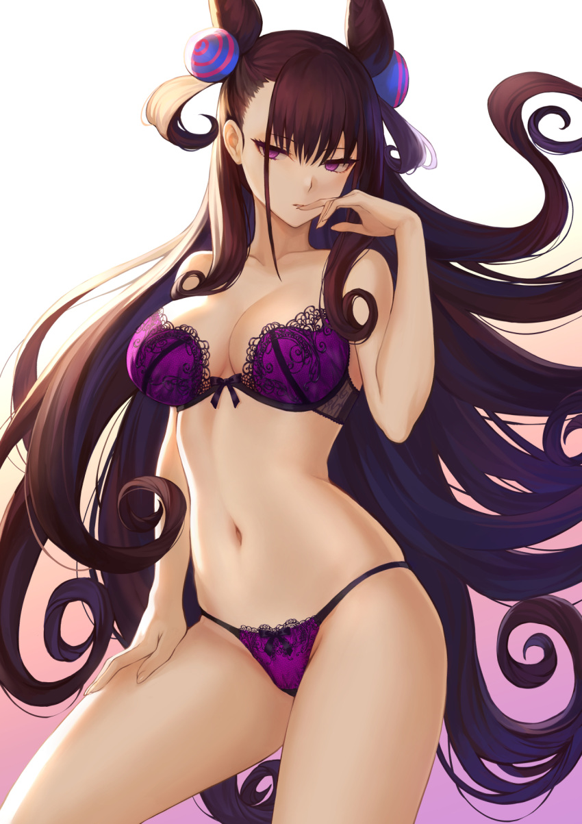 1girl bangs bare_shoulders bra breasts brown_hair cleavage collarbone commentary_request contrapposto curly_hair expressionless fate/grand_order fate_(series) finger_to_mouth floating_hair groin hair_between_eyes hair_ornament hand_on_thigh hand_up highres hips lace lace-trimmed_bra lace-trimmed_panties large_breasts lingerie long_hair looking_at_viewer mashu_003 murasaki_shikibu_(fate) navel panties purple_bra purple_panties sidelocks skindentation stomach thighs underwear very_long_hair violet_eyes