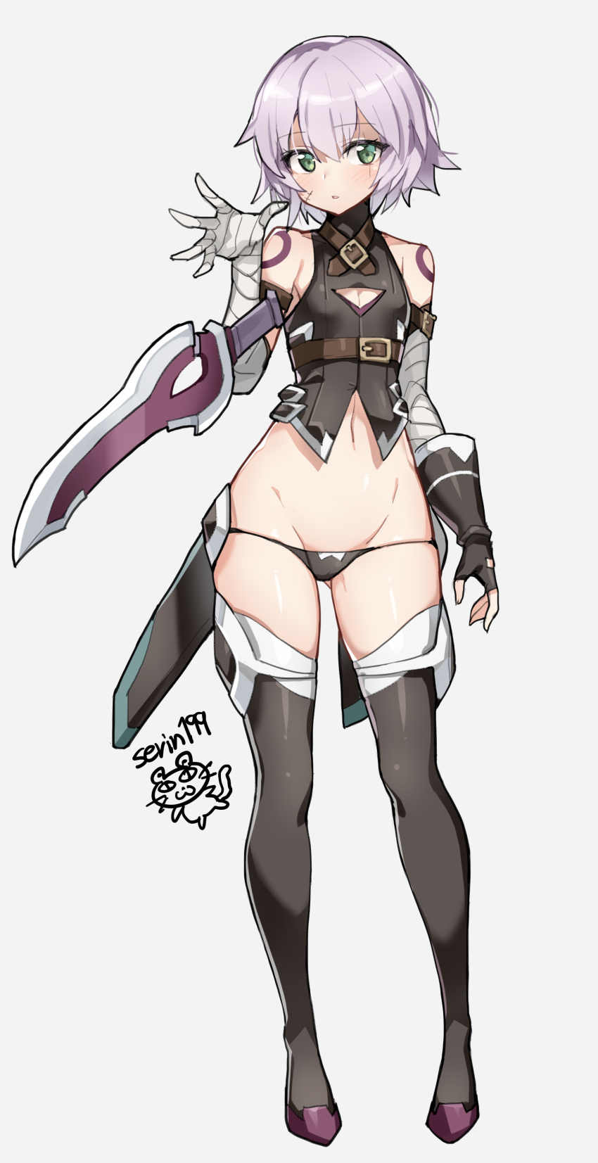 1girl absurdres arm_belt bandage bandaged_arm bandages bangs bare_shoulders black_panties blush boots cleavage_cutout facial_scar fate/apocrypha fate_(series) flat_chest full_body gloves green_eyes hair_between_eyes highres hips jack_the_ripper_(fate/apocrypha) knife legs looking_at_viewer lowleg lowleg_panties navel panties scar scar_across_eye scar_on_cheek serin199 shoulder_tattoo silver_hair simple_background single_glove solo tattoo thigh-highs thigh_boots thighs underwear