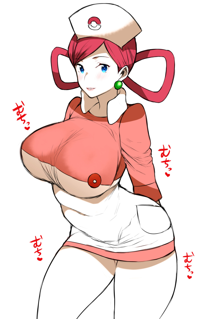 1girl alternate_costume alternate_hairstyle arms_behind_back asymmetrical_bangs bangs blue_eyes blush breasts cosplay cowboy_shot creatures_(company) earrings esouko eyebrows_visible_through_hair game_freak hair_rings hat highres jewelry joy_(pokemon) joy_(pokemon)_(cosplay) large_breasts lips looking_at_viewer musashi_(pokemon) nintendo nurse_cap pokemon pokemon_(anime) purple_hair shirt short_hair short_sleeves simple_background smile solo standing white_background